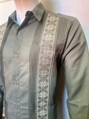Mens Mexican Guayabera Dress Shirt Long Sleeve Olive Green Fabric Handcrafted