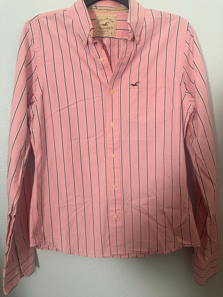 Hollister Striped Button Down Shirt Men Large Pink Preppy Old Money Long Sleeve