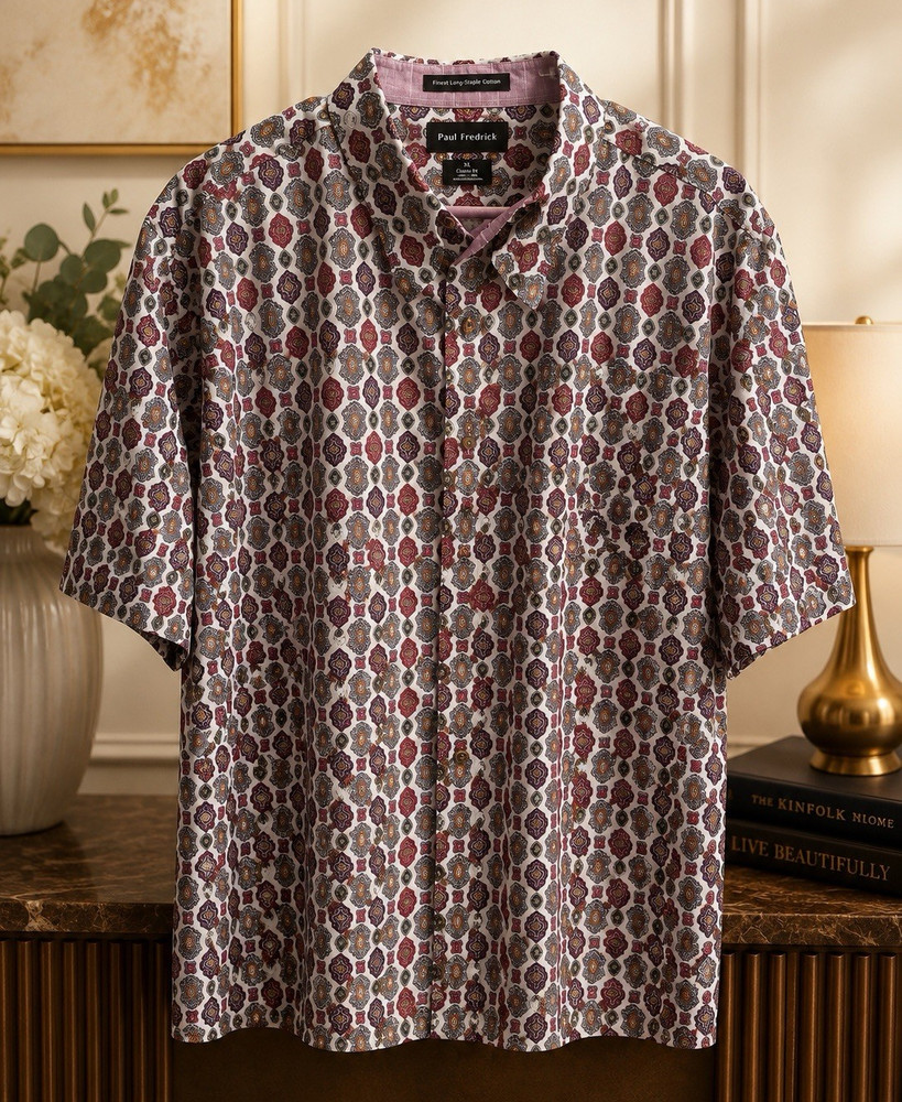 Paul Fredrick Men’s 3XL Classic Fit Short Sleeve Button-Up Geometric Cotton