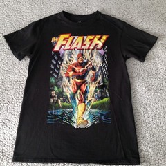 Unisex The FLASH T-shirt, black with colorful graphics city scape, size SMALL