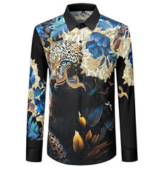 New Luxury Men Diamond Leopard Rhinestones Button-Down Shirt High Quality