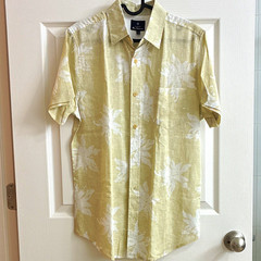 Ben Sherman Men’s S Beige/White Floral Linen-Rayon Short Sleeve Button-Up Shirt