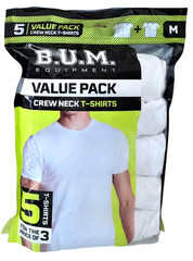 BUM 5x Value Pack Men’s T-shirts, Cotton, White, Medium