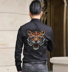 New Men Fashion Tiger Trend Rhinestones Hot Drilling Long Sleeve Button Shirt