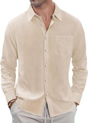 Men’s Linen Shirt Casual Long Sleeve Button Down Summer Beach Pocket