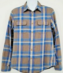 LL Bean Signature Medium Blue White & Brown Long Sleeve Flannel Plaid Shirt