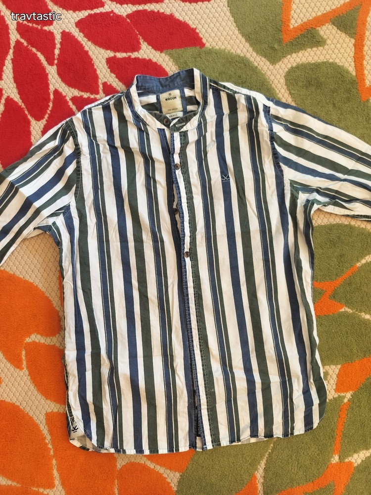 Men’s Wrogn Regular Size Small White Blue Green Striped Long-Sleeve Button-Down