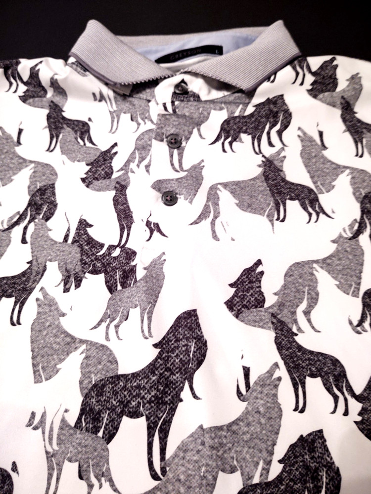 GREYSON Polo Style Poly/Spandex L Shirt WOLVES DESIGN ALL OVER PRINT