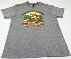 Gildan Gray Crew Neck Short Sleeve Graphic Print Cat Books T-Shirt M
