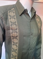Mens Mexican Guayabera Dress Shirt Long Sleeve Olive Green Fabric Handcrafted