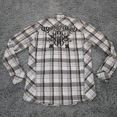Buckle Black Label Shirt Mens L Slim Gray Blue Plaid Snap Epaulettes Prosperitas