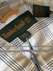 Timberland XL Plaid Flannel Shirt Duck Logo Tan Brown White 100% Cotton