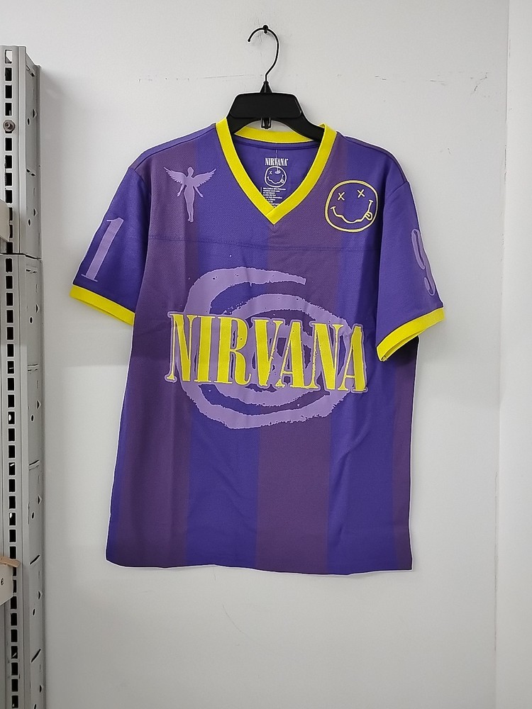 purple and yellow Nirvana graphic mesh football jersey style shirt.