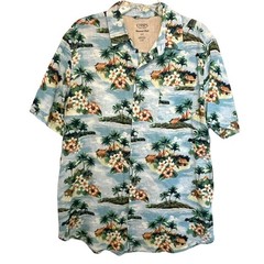 Chaps Linen Blend Hawaiian Camp Shirt Mens Large Blue Stratus Tropical Button