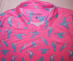 Mens EUC Retro Pink CHUBBIES Toucan Graphic Print Golf Polo Shirt size XL
