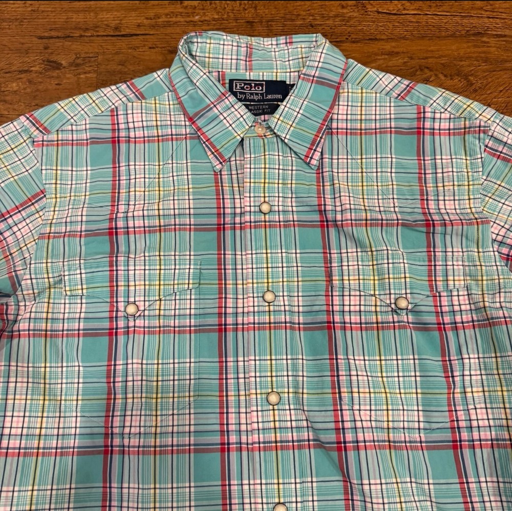 Vintage Polo Ralph Lauren Green Plaid Western Pearl Snap Button Up Shirt Men’s M