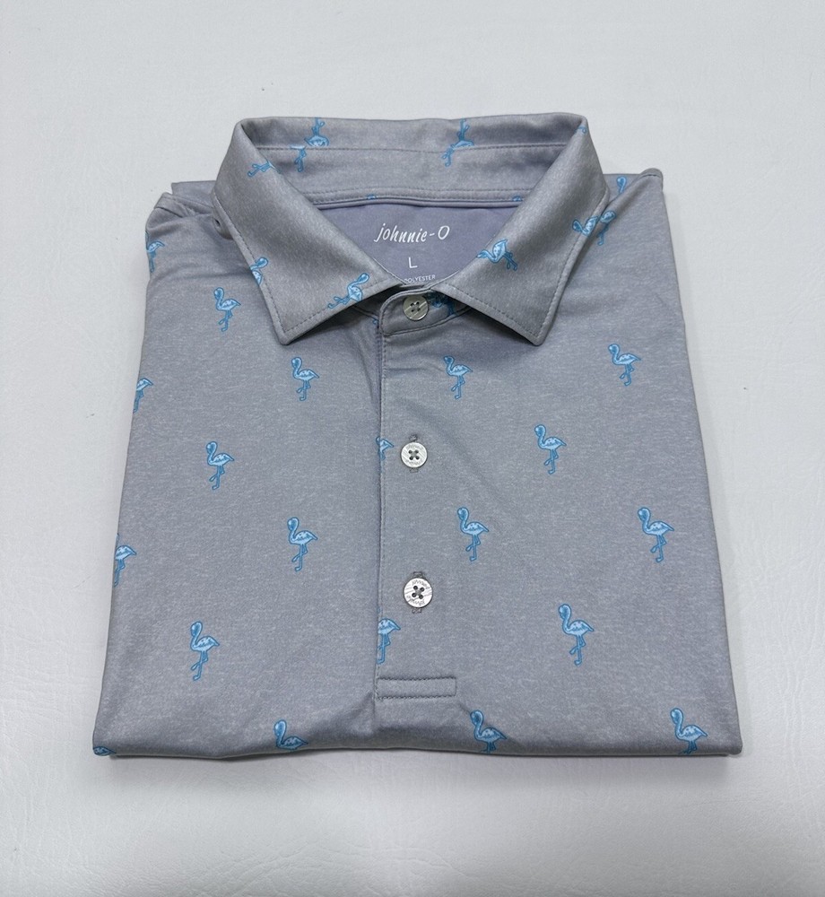 Johnnie-O Polo Shirt Mens L Gray Flamingo Print Beau Rivage Embroidered Stretch