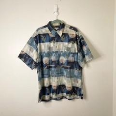 Pierre Cardin XL Blue Geometric Art 100% Cotton Short Sleeve Button Up Shirt
