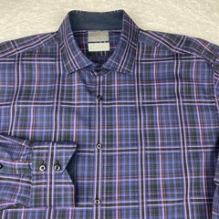Thomas Dean Dress Shirt Mens XL Black/Purple Plaid Regular Fit Flip Cuffs