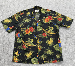 Genentech Shirt Mens Large Black Hawaiian Ho Aloha Floral Parrots VTG Y2K