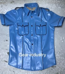 Men’s Real Cow Soft Leather Biker Police Style NYPD Shirt Sky Blue Biker Shirt