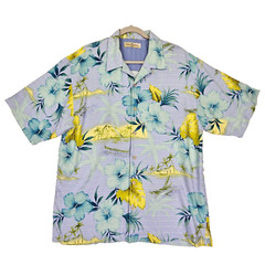 Tommy Bahama Silk Hawaiian Shirt Mens L Machine Wash Loop Collar Hibiscus