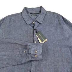 Perry Ellis Men’s Linen Shirt Size XXL Rolled-Sleeve Solid Blue Long Sleeve 56