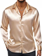 Hi-Tie Men’s Silk Satin Dress Shirts Long Sleeve Shiny Casual Button Up Shirts L
