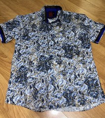 Vassari Short Sleeve Polo Collared Large Beige Blue White Paisley