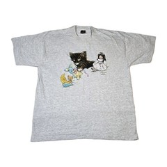 Vintage Giordano Art Cute Cat Kitten & Doll Single Stitch Tshirt XL Made In USA