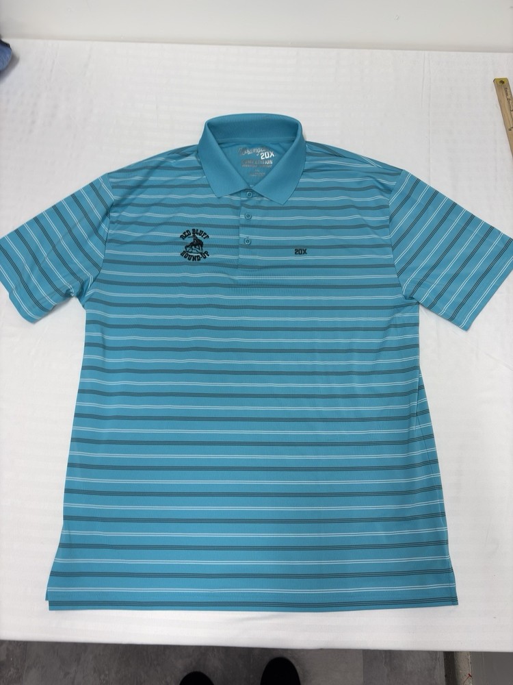 Wrangler Blue Mens 20X Competition Short Sleeve Polo Size XL Red Bluff Round Up