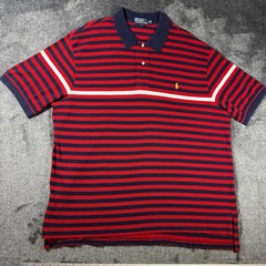 Vintage Polo RALPH LAUREN Shirt 2XB Red Navy Cotton Pique Striped Yellow Pony