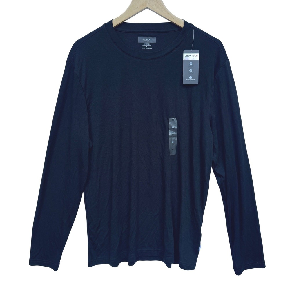 Alfani Alfatech Mens Long Sleeve Crewneck T-Shirt Deep Black Stretch Medium NEW