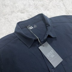 Mens M Short Sleeve Button Up Shirt Woven Knit Dark Blue Camp UPF 50 VRST New!!