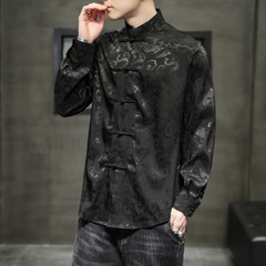 Chinese Style Men Jacquard Shirt Tang Suit Top Kung Fu Frog Button Ethnic Jacket