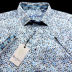 Robert Graham Geometric Mosaic Diamond Print Short Sleeve Shirt White Blue Large