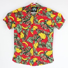 Good Vibes Drill Hawaiian Shirt Men M Chest 40 in Rayon Red Bananas Leaves Aloha