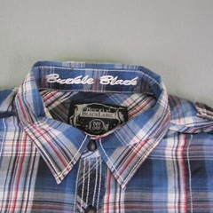 Buckle Black Label Shirt Mens Large Blue Plaid Snap Up Embroidered Slim Fit 048