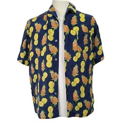 Mon Tiki Blue Pineapple Hawaiian Style 100% Silk Short Sleeve Button Up