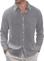 Men’s Linen Shirt Casual Long Sleeve Button Down Summer Beach Pocket