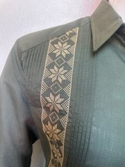 Mens Mexican Guayabera Dress Shirt Long Sleeve Olive Green Fabric Handcrafted