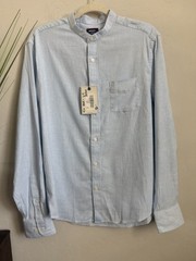 UNTUCKit Sanders Shirt Mens Med Regular Fit Placid Blue Band Collar Linen Blend