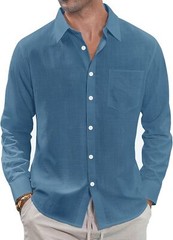 Men’s Linen Shirt Casual Long Sleeve Button Down Summer Beach Pocket