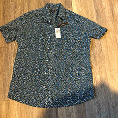 Michael Kors Slim Fit Stretch Floral Short Sleeve Button-Up Shirt Navy L