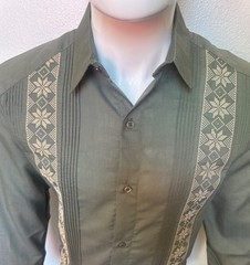 Mens Mexican Guayabera Dress Shirt Long Sleeve Olive Green Fabric Handcrafted