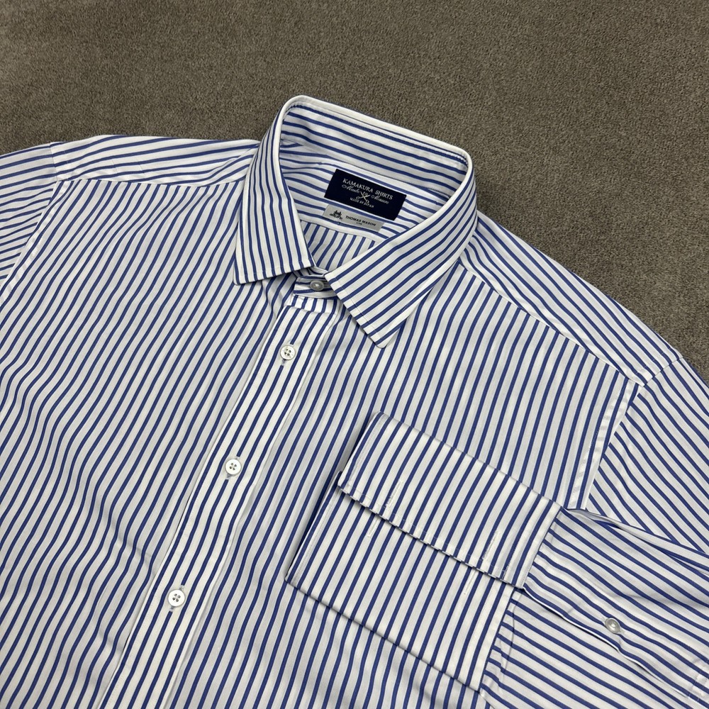 Kamakura Shirt Mens 18 XL White Blue French Cuff Thomas Mason Made in Japan