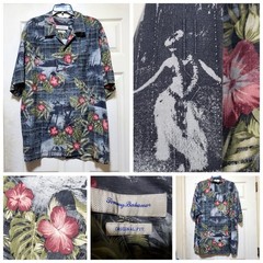 Tommy Bahama Shirt Mens XL Grey Silk Hawaiian Hula Girl Floral Island Natives