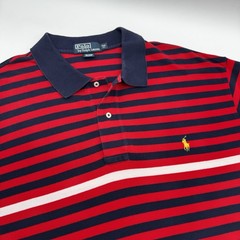 Vintage Polo RALPH LAUREN Shirt 2XB Red Navy Cotton Pique Striped Yellow Pony