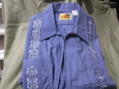 Haband Guayabera Shirt Mens XL Blue Stripe Full Zip Embroidered Cuban Tropical
