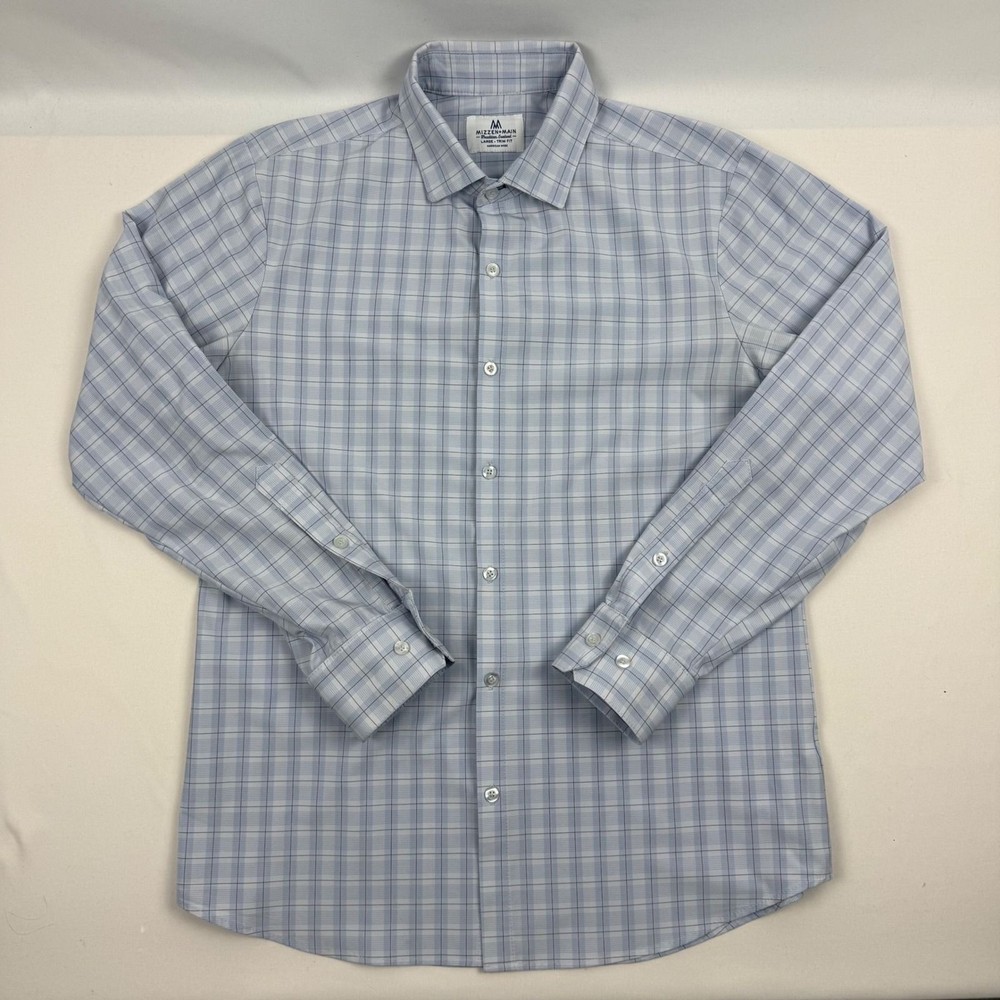 Mizzen+Main Mens Large Trim Fit Performance Plaid Dress Shirt Blue White Red